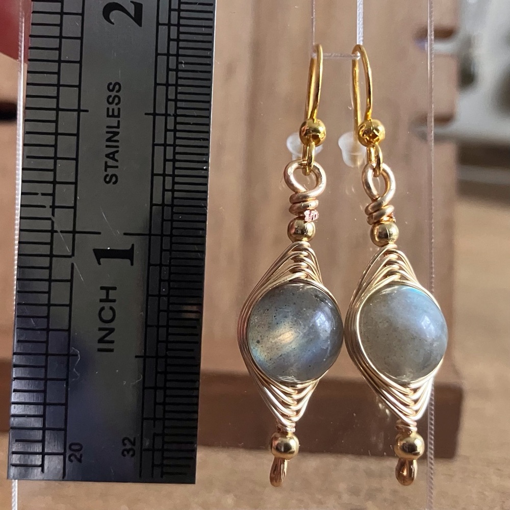 CLEAROUT 🔥 Natural Labradorite Wire Wrapped Earrings - Gold Stainless Steel - Picture 5 of 9